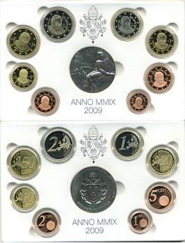 Ватикан евронабор из 8 монет + серебряная медаль 2009 Бенедикт XVI, в оригинальной коробке, с сертификатом KM PS 22 биметалл PROOF 5-4-6-07