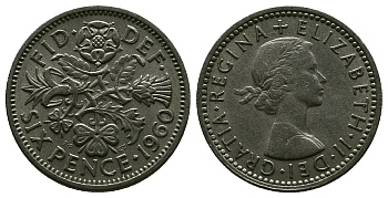 Великобритания 6 пенсов 1960 Елизавета II (1952-2022) KM 903, Spink 4149 медно-никель 4381-731