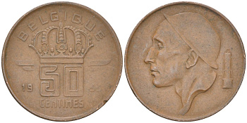 Бельгия 50 сантимов 1955 Belgique, Бодуэн I (1951-1993) KM 144 бронза 4613-851