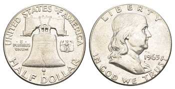 США 1/2 доллара (50 центов) 1963 Бенджамин Франклин, колокол KM 199 серебро  aUNC  4574-511