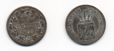 Бавария 1 крейцер 1869 Людвиг II (1864-1886) KM 487 серебро 71-1518