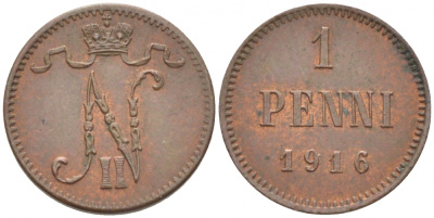 РОССИЯ ДЛЯ ФИНЛЯНДИИ 1 ПЕННИ 1916 НИКОЛАЙ II (1895-1917) KM 13, Биткин 476 медь 211-1048