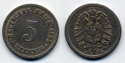 ГЕРМАНИЯ 5 ПФЕННИГОВ 1888 A, СТАРОГЕРБОВКА KM 3, J. 3 медно-никель 51-4911