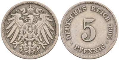ГЕРМАНИЯ 5 ПФЕННИГОВ 1905 E, KM 11, J. 12 медно-никель 73-1755