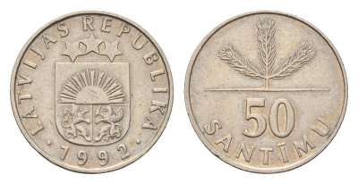Латвия 50 сантимов 1992 KM 13 медно-никель 105-1118