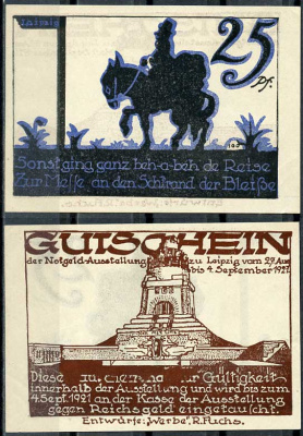 Германия, Лейпциг 25 пфеннигов 1921 нотгельд, итоги I-ой мировой войны Grabowski 784.1 бумага UNC (пресс) 444-97-3-1
