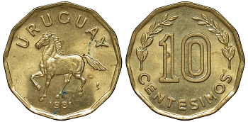 Уругвай 10 сентесимо 1981 KM 66 алюминиевая бронза 4169-536