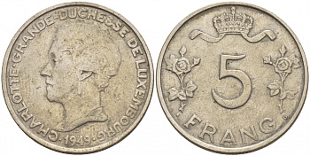 Люксембург 5 франков 1949 Великая герцогиня Шарлотта (1919-1964) KM 50 медно-никель 4548-743
