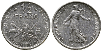Франция 1/2 франка 1972 сеятель KM 931.1, LE FRANC 198.11 никель 93-1417