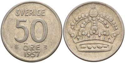 Швеция 50 эре 1957 TS, Густав VI Адольф (1950-1973) KM 825 серебро 4148-942