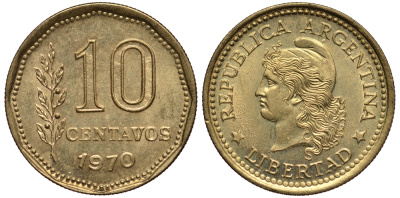 Аргентина 10 сентаво 1970 голова свободы влево KM 66 алюминиевая бронза UNC 4181-224