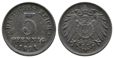 Германия 5 пфеннигов 1921 J KM 19, J. 297, Weege 5 железо 4380-157