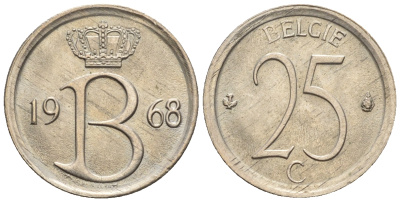 Бельгия 25 сантимов 1968 Belgie, Бодуэн I (1951-1993) KM 154.1 медно-никель 4609-443