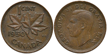 Канада 1 цент 1950 Георг VI (1937-1952), кленовый лист KM 41 бронза 4532-1029