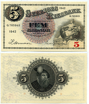Швеция 5 крон 1942 король Густав I Pick 33y бумага 7523-2-4-2