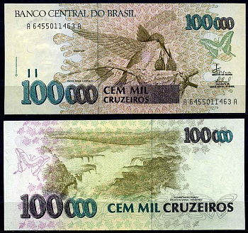 Бразилия 100000 крузейро ND (1992-1993) серия A 6455, Игуасу водопад, колибри Pick 235 d бумага UNC (пресс) 2197-44-2-1