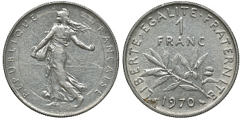 ФРАНЦИЯ 1 ФРАНК 1970 СЕЯТЕЛЬ KM 925.1 никель 72-642