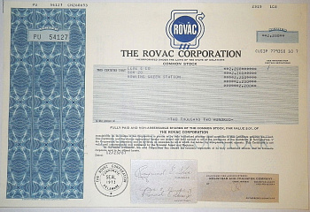США, THE ROVAC CORPORATION 2200 АКЦИЙ 1987 США бумага 00-00