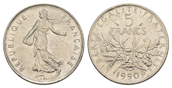 Франция 5 франков 1990 сеятель KM?926a.1, Le Franc 341.22 медно-никель плакированный никелем 4185-323