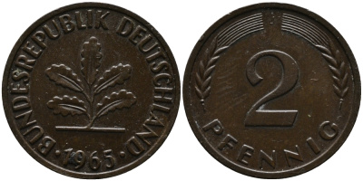 ФРГ 2 пфеннига 1965 J KM 106, J.381 бронза 99-142
