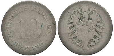 ГЕРМАНИЯ 10 ПФЕННИГОВ 1875 D, СТАРОГЕРБОВКА KM 4, Jager 4, Weege 7 медно-никель 4546-1124