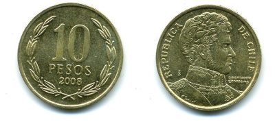 ЧИЛИ 10 ПЕСО 2008 ГЕНЕРАЛ БЕРНАРДО О ХИГГИНС KM 228.2 никель-бронза 37-344