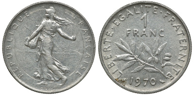 ФРАНЦИЯ 1 ФРАНК 1970 СЕЯТЕЛЬ KM 925.1 никель 72-642