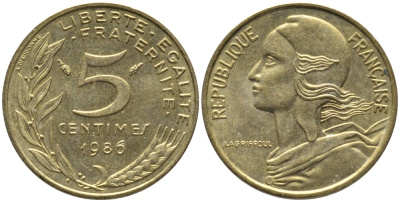 ФРАНЦИЯ 5 САНТИМОВ 1986 ТИП MARIANNE KM 933 медь алюминий никель 99-1121