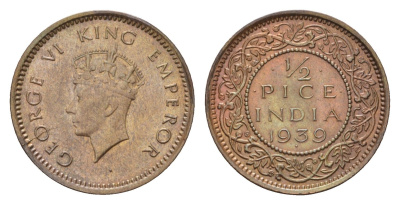 Британская Индия 1/2 пайса 1939 Георг VI (1936-1952) KM 528 бронза UNC 1520-215