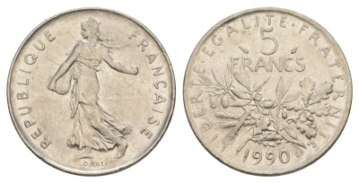 Франция 5 франков 1990 сеятель KM?926a.1, Le Franc 341.22 медно-никель плакированный никелем 4185-323