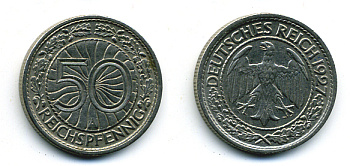 Германия 50 рейхспфеннигов 1927 A KM 49, J. 324 никель 58-121