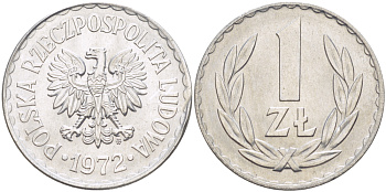 ПОЛЬША 1 ЗЛОТЫЙ 1972 MW KM 49.1, Parchimowicz 213i алюминий UNC 216-822