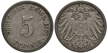 ГЕРМАНИЯ 5 ПФЕННИГОВ 1894 D KM 11, Jager 12, Weege 6 медно-никель 4547-341
