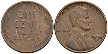 США 1 цент 1958 D, Линкольн KM А132 медь цинк 4564-315