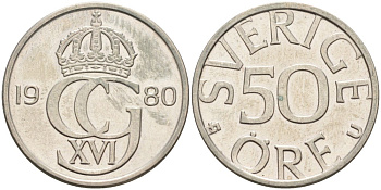 Швеция 50 эре 1980 U, Карл XVI Густав (1973- ) KM 855 медно-никель UNC 4548-631