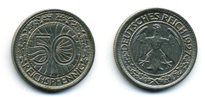 Германия 50 рейхспфеннигов 1927 A KM 49, J. 324 никель 58-121