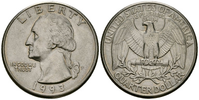 США 25 центов (квотер) 1993 P, Вашингтон KM A164a медь плакированная медно-никелем 4167-553