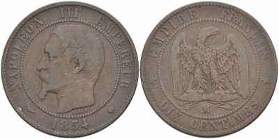 ФРАНЦИЯ 10 САНТИМОВ 1854 MA, НАПОЛЕОН III (1852-1870) KM 771.6, LE FRANC 133.16 бронза 38-1023