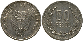 Колумбия 50 песо 1993 KM 283.1 никель латунь 4538-1023