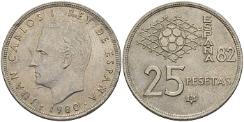 Испания 25 песет 1980 (81) чемпионат мира по футболу в Испании 1982 года, Хуан Карлос I (1975-) KM 818 медно-никель 67-925