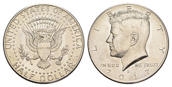 США 1/2 доллара (50 центов) 2017 D, Джон Кеннеди KM A202b медь плакированная медно-никелем UNC 4517-441