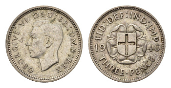 Великобритания 3 пенса 1940 Георг VI (1936-1952) KM 848, Spink 4085 серебро 4567-1055