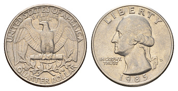 США 25 центов (квотер) 1985 D, Джордж Вашингтон KM А164а медь плакированная медно-никелем 4681-154