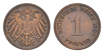 Германия 1 пфенниг 1907 G, Вильгельм II (1888-1918) KM 10, J. 10 медь 4639-1133