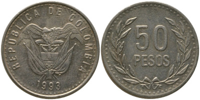 Колумбия 50 песо 1993 KM 283.1 никель латунь 4538-1023