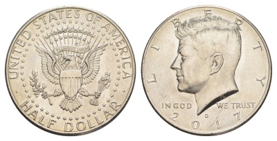 США 1/2 доллара (50 центов) 2017 D, Джон Кеннеди KM A202b медь плакированная медно-никелем UNC 4517-441