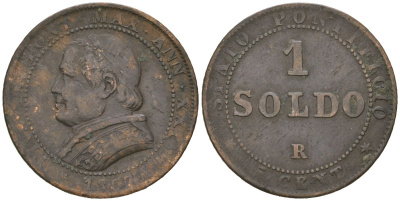 Папская область 1 сольдо = 5 центов 1867 R, Пий IX (1846-1878) KM 1372.2 медь 92-747