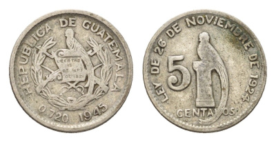 Гватемала 5 сентаво 1945 KM 238 серебро 4668-958