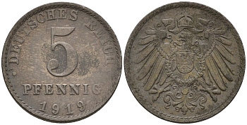 Германия 5 пфеннигов 1919 A KM 19, J. 297 железо 4151-619
