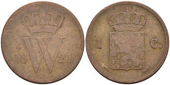 Нидерланды 1 цент 1821 Виллем I (1815-1840) KM 47 медь 4575-936